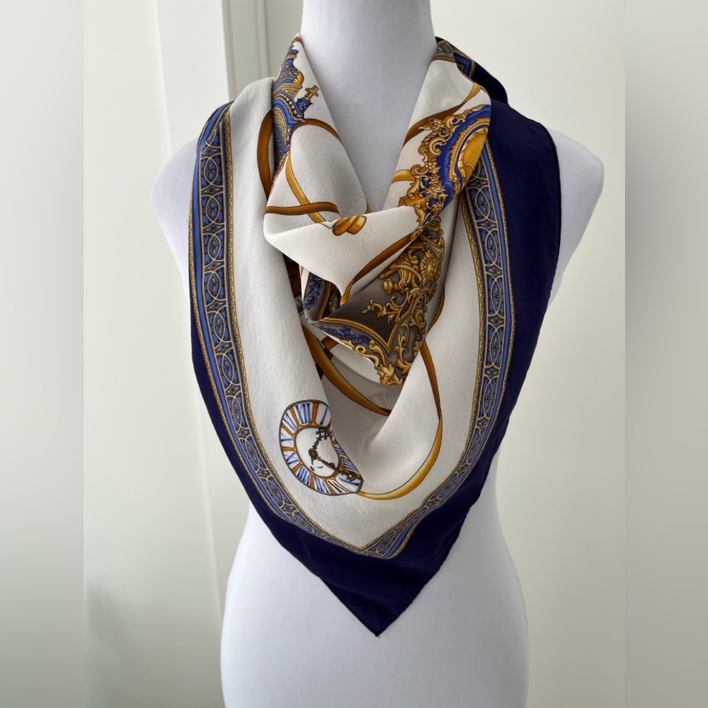SCARF Square Unsigned Classic Clock Pattern Navy Gold Cream Timeless Chic - Picture 5 of 16